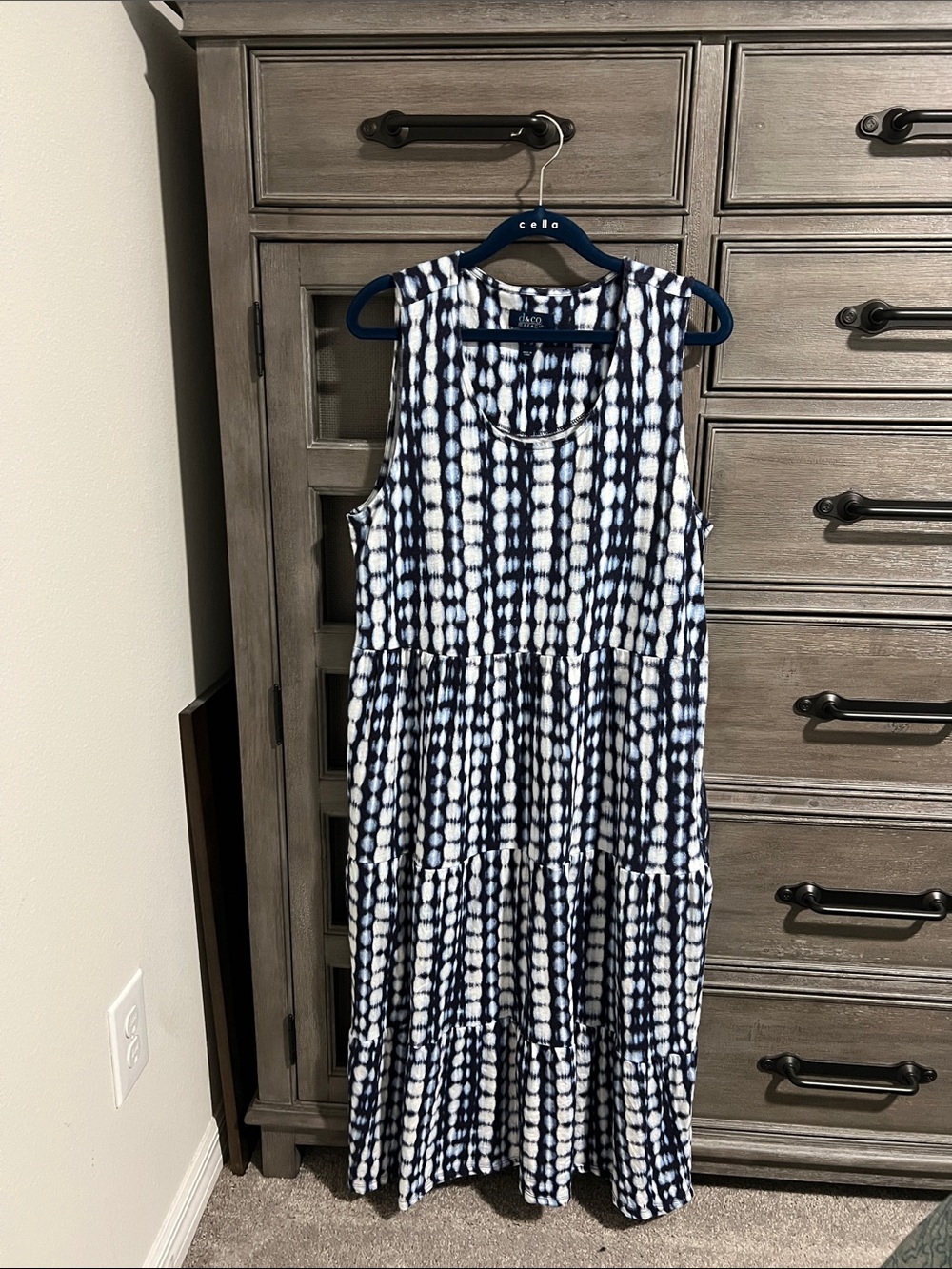D & Co  Navy and White Tie-Dye Sleeveless Tiered Maxi Dress